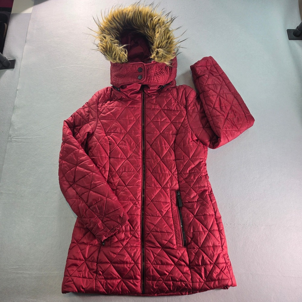 Marc New York Andrew Marc Red Quilted Puffer Jacket Faux Fur Hood XS Winter